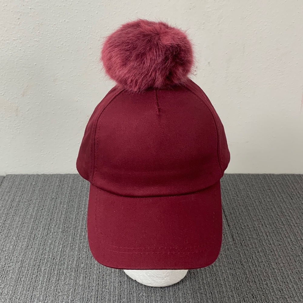 Forever 21 Pompom Baseball Hat Women's OS Burgundy Faux Fur Adjustable Strapback